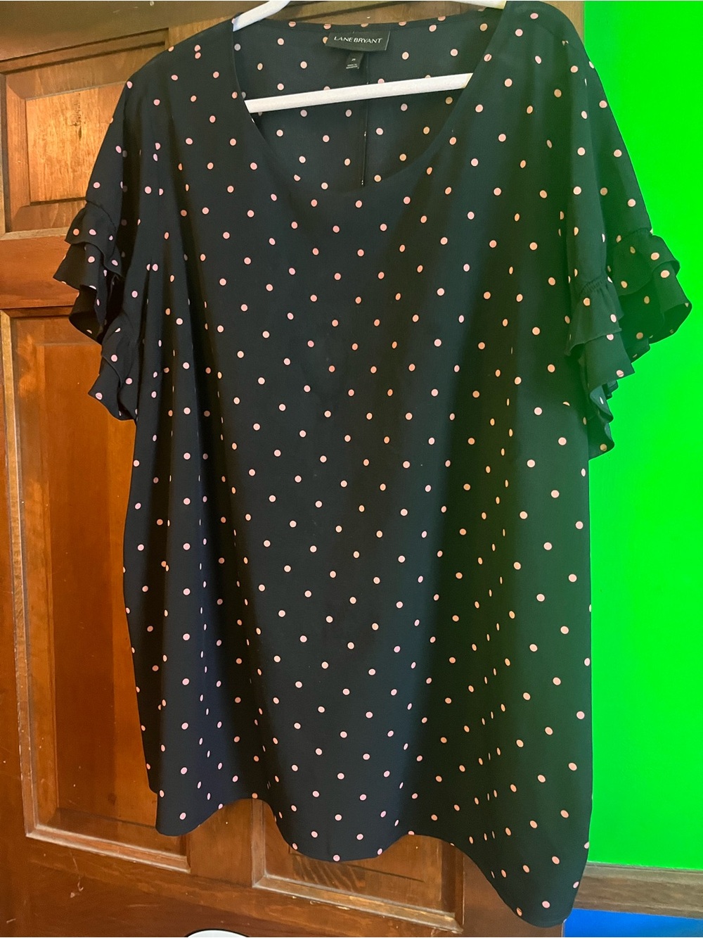 Lane Bryant Black Blouse with Pink Polka Dots and Ruffle Sleeves